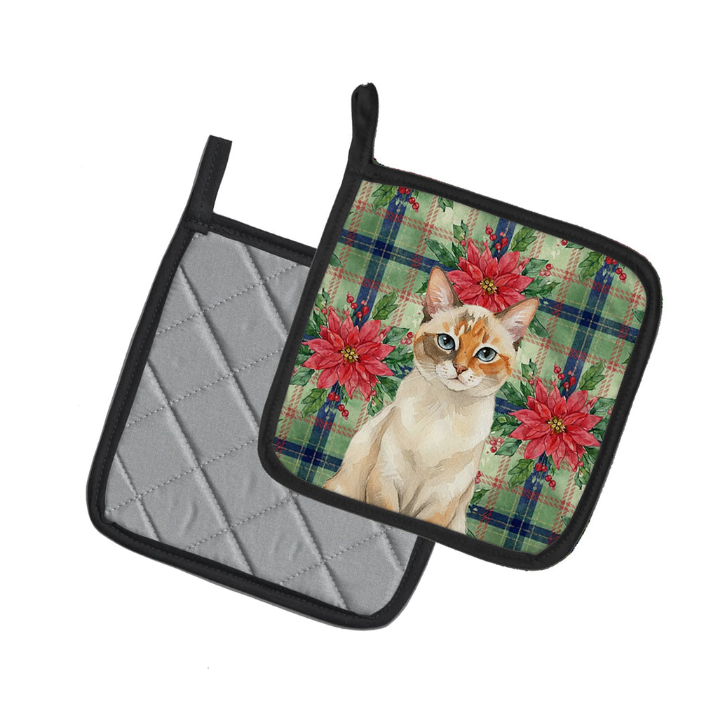Tortie Point  Cat with Poinsettias Pot Holder Set of 2 Heat Resistant Quilted Hot Pads 7.5 x 7.5 Inch, Insulated Kitchen Trivets for Cooking & Baking