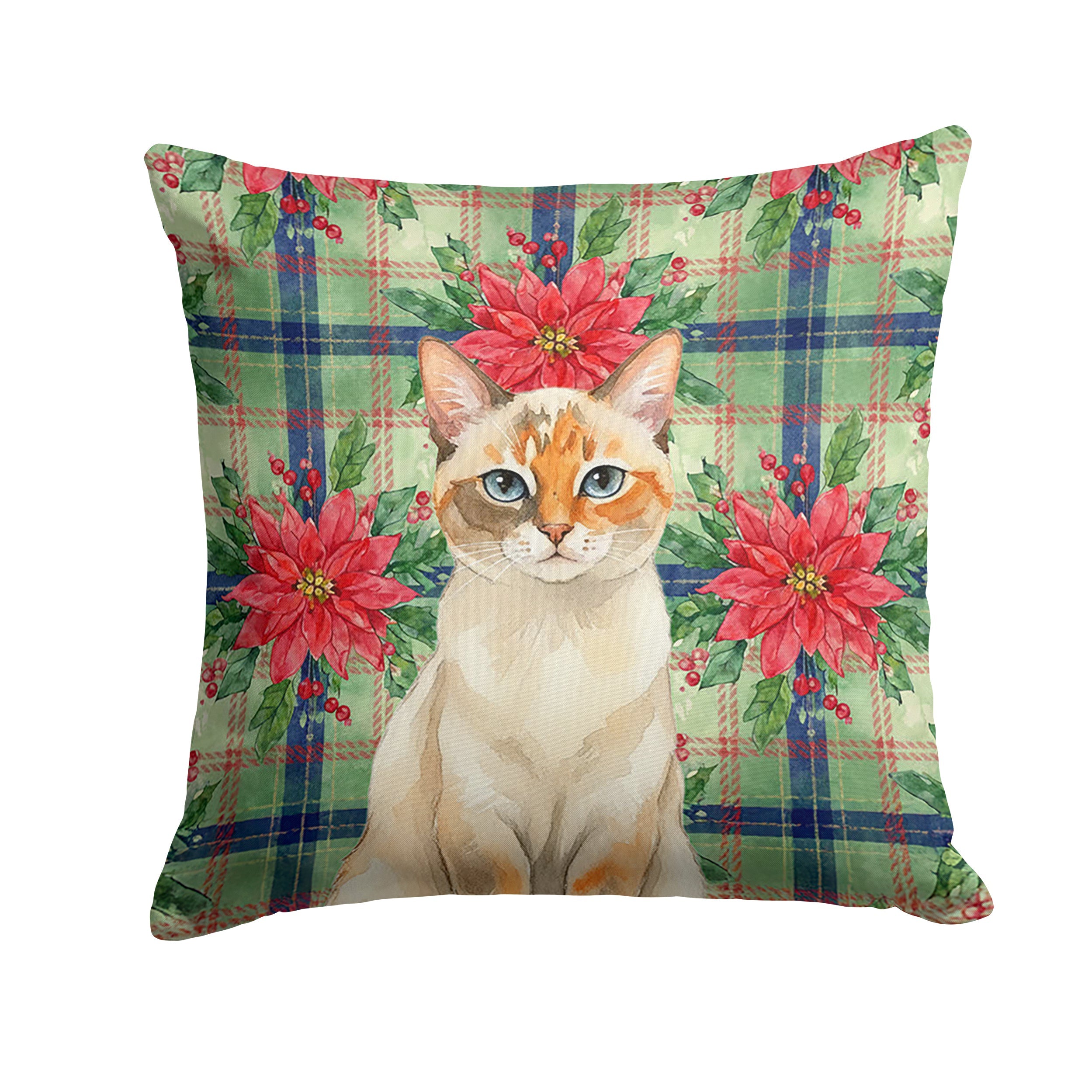 Tortie Point  Cat with Poinsettias Decorative Throw Pillow 14x14 Indoor Outdoor Accent Cushion, Fabric Cover with Insert for Sofa, Bed, Porch & Living Room