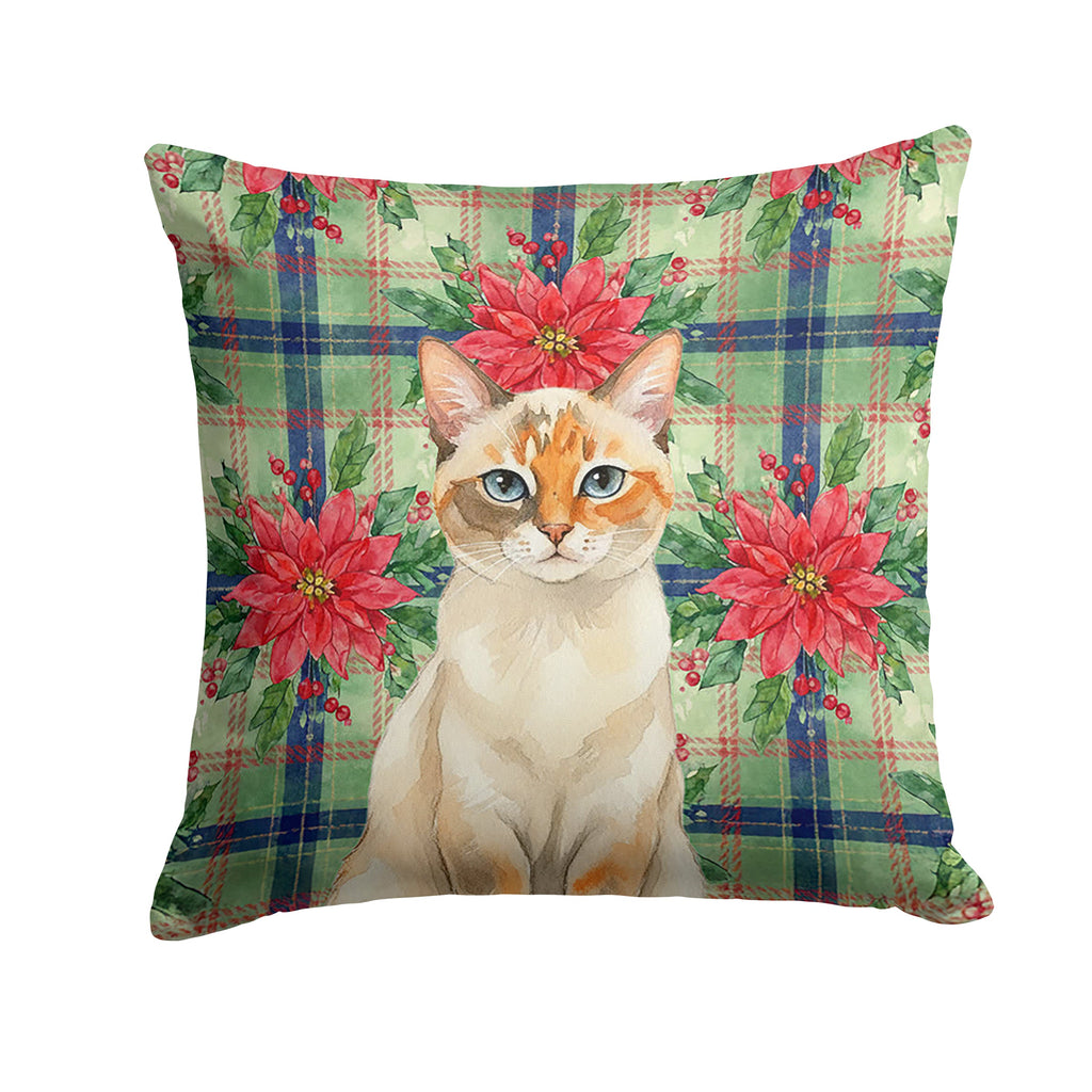 Tortie Point  Cat with Poinsettias Decorative Throw Pillow 18x18 Indoor Outdoor Accent Cushion, Fabric Cover with Insert for Sofa, Bed, Porch & Living Room