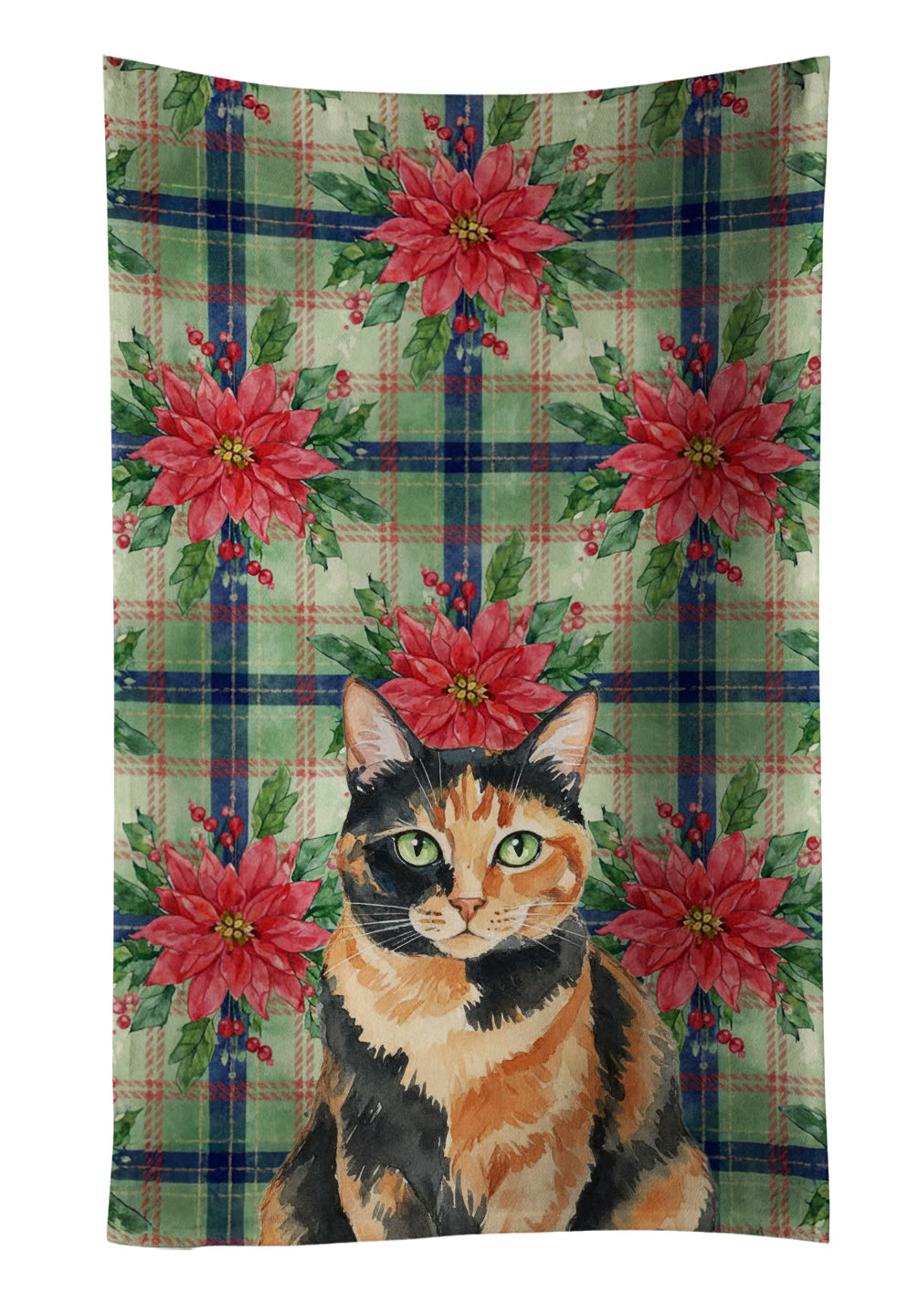 Tortoiseshell Cat with Poinsettias Kitchen Towel Velour Plush Front and Cotton Loop Back Machine Washable