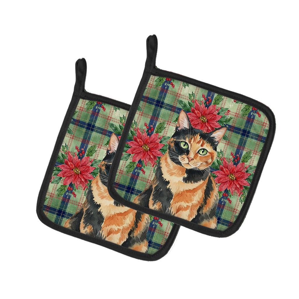 Tortoiseshell Cat with Poinsettias Pot Holder Set of 2 Heat Resistant Quilted Hot Pads 7.5 x 7.5 Inch, Insulated Kitchen Trivets for Cooking & Baking