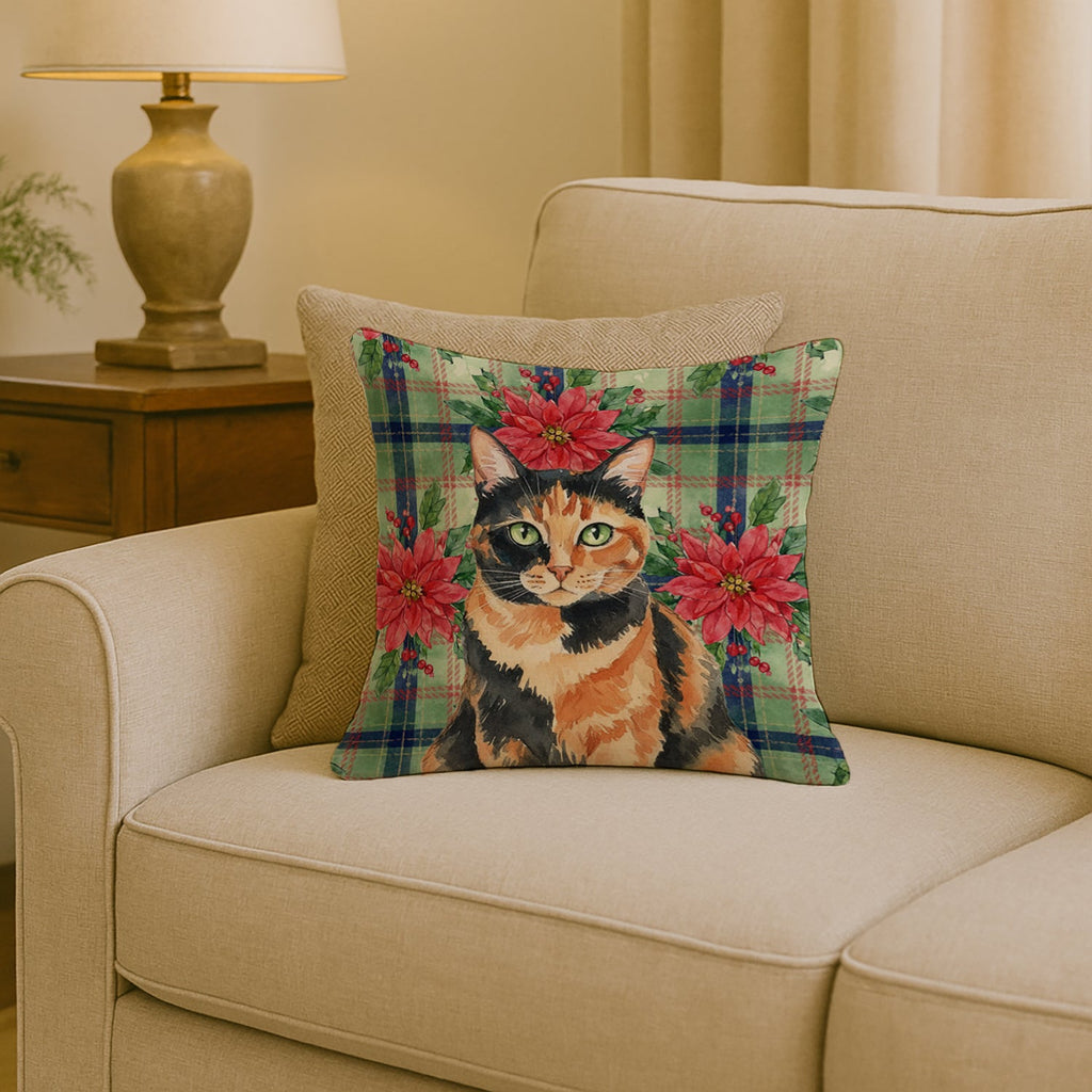 Tortoiseshell Cat with Poinsettias Decorative Throw Pillow 18x18 Indoor Outdoor Accent Cushion, Fabric Cover with Insert for Sofa, Bed, Porch & Living Room