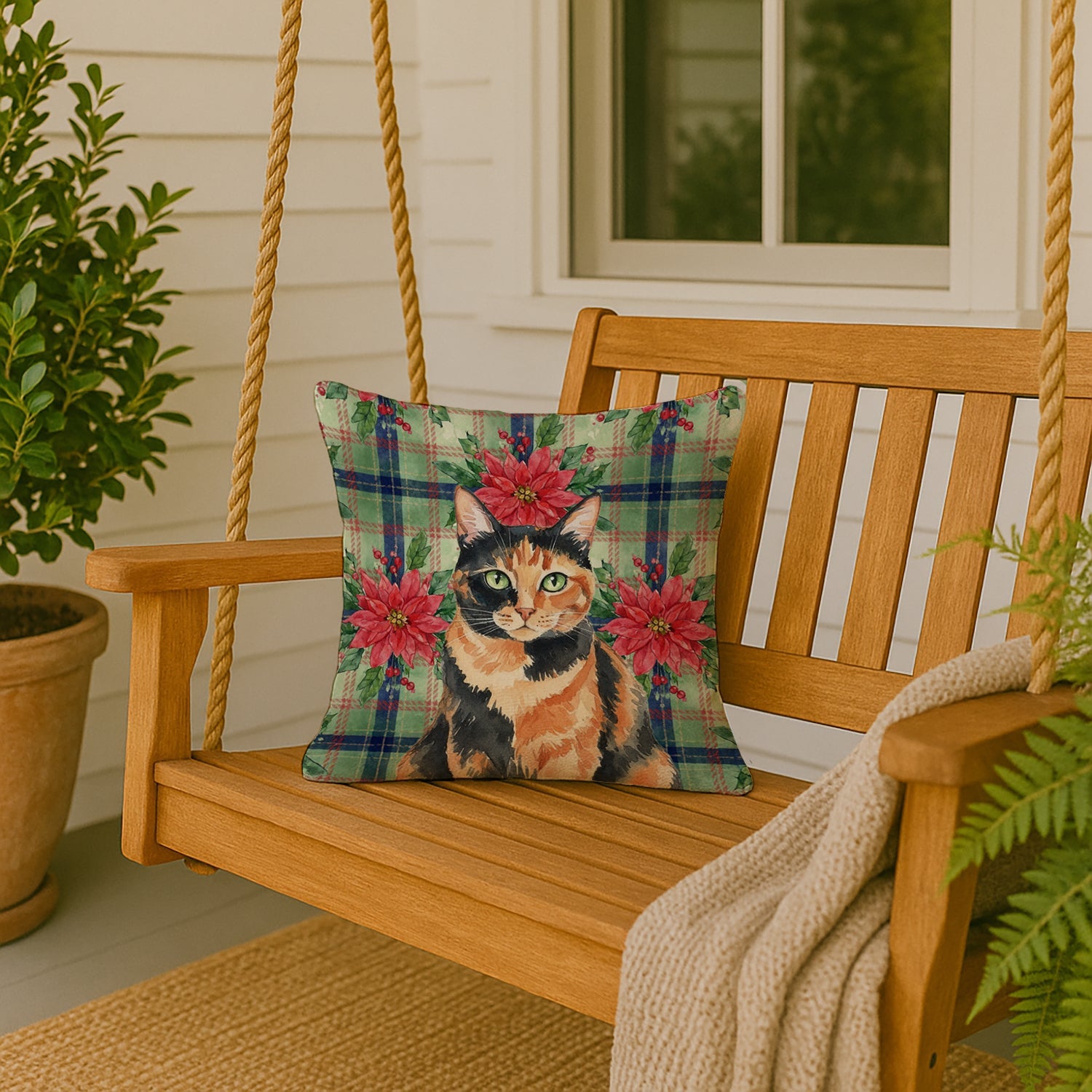 Tortoiseshell Cat with Poinsettias Decorative Throw Pillow 18x18 Indoor Outdoor Accent Cushion, Fabric Cover with Insert for Sofa, Bed, Porch & Living Room