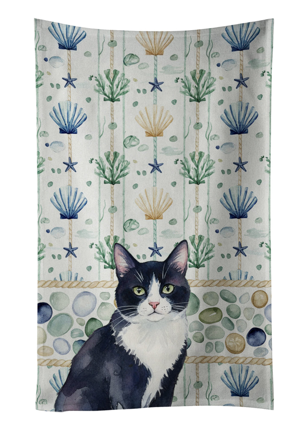 Black and White Tuxedo Cat Coastal Sea Glass Kitchen Towel Velour Plush Front and Cotton Loop Back Machine Washable