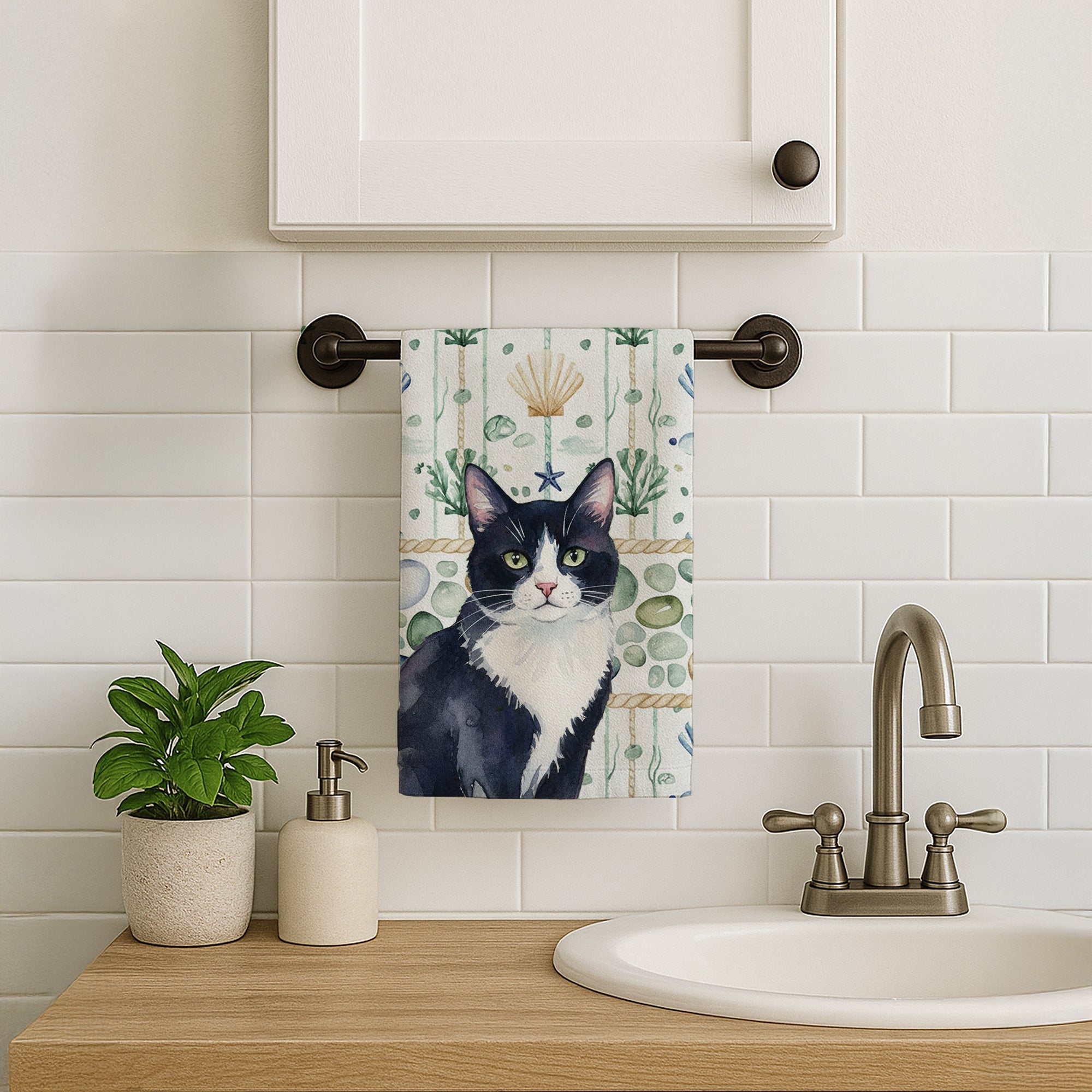 Black and White Tuxedo Cat Coastal Sea Glass Kitchen Towel Velour Plush Front and Cotton Loop Back Machine Washable