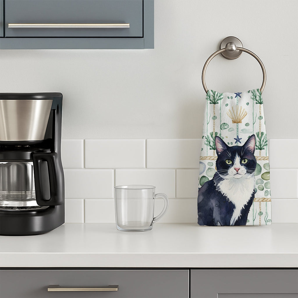 Black and White Tuxedo Cat Coastal Sea Glass Kitchen Towel Velour Plush Front and Cotton Loop Back Machine Washable