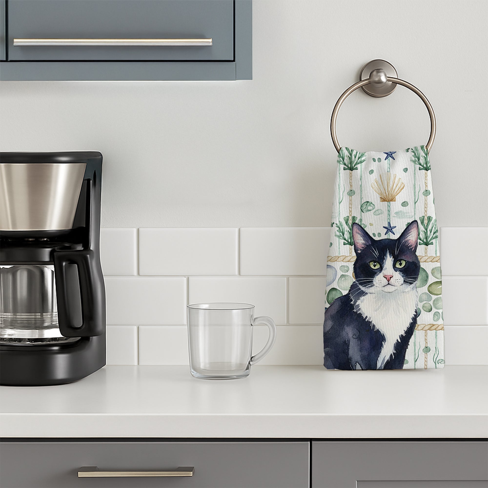 Black and White Tuxedo Cat Coastal Sea Glass Kitchen Towel Velour Plush Front and Cotton Loop Back Machine Washable