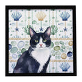 Black and White Tuxedo Cat Coastal Sea Glass Framed Metal Print Bathroom, Kitchen, Office, Home Decor Wall Art Ready to Hang, Square, 8X8