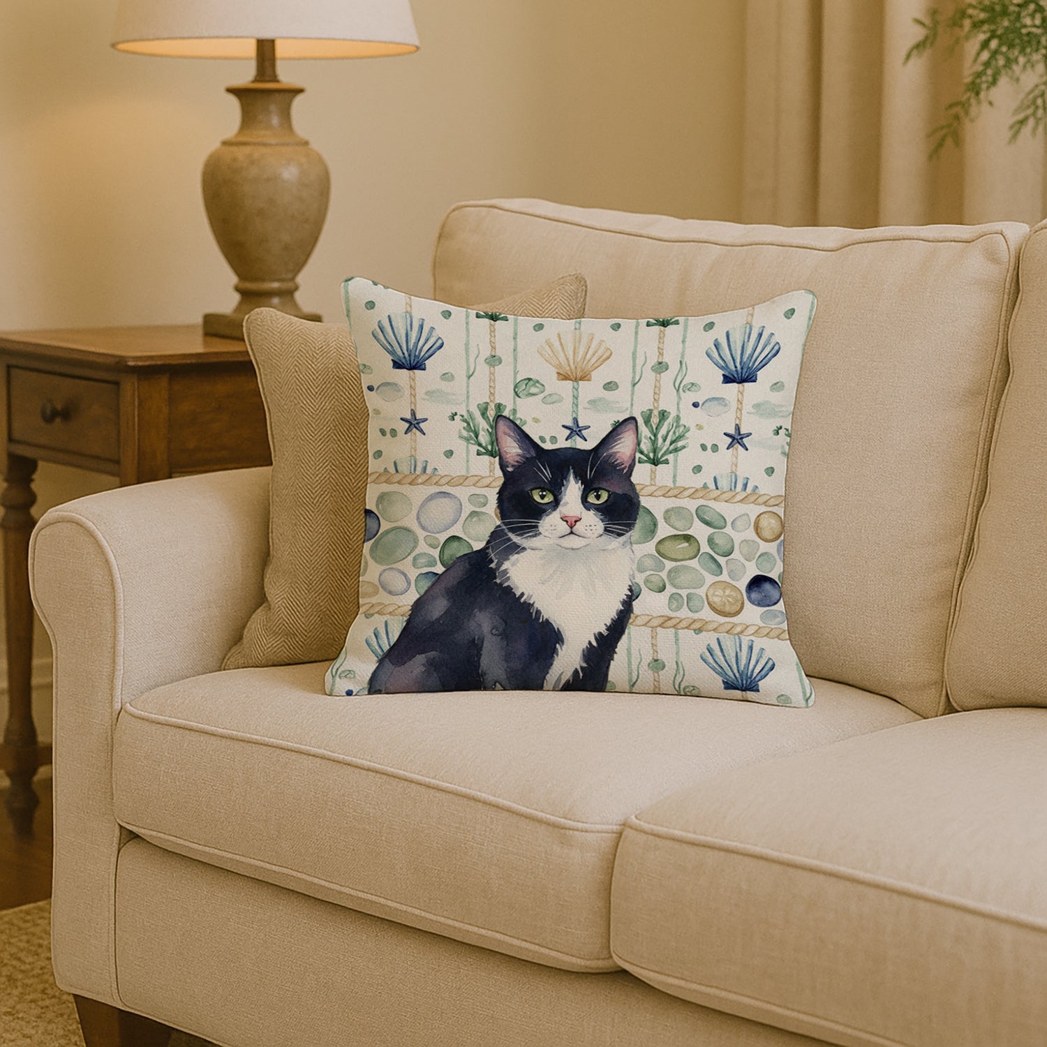 Black and White Tuxedo Cat Coastal Sea Glass Decorative Throw Pillow 14x14 Indoor Outdoor Accent Cushion, Fabric Cover with Insert for Sofa, Bed, Porch & Living Room