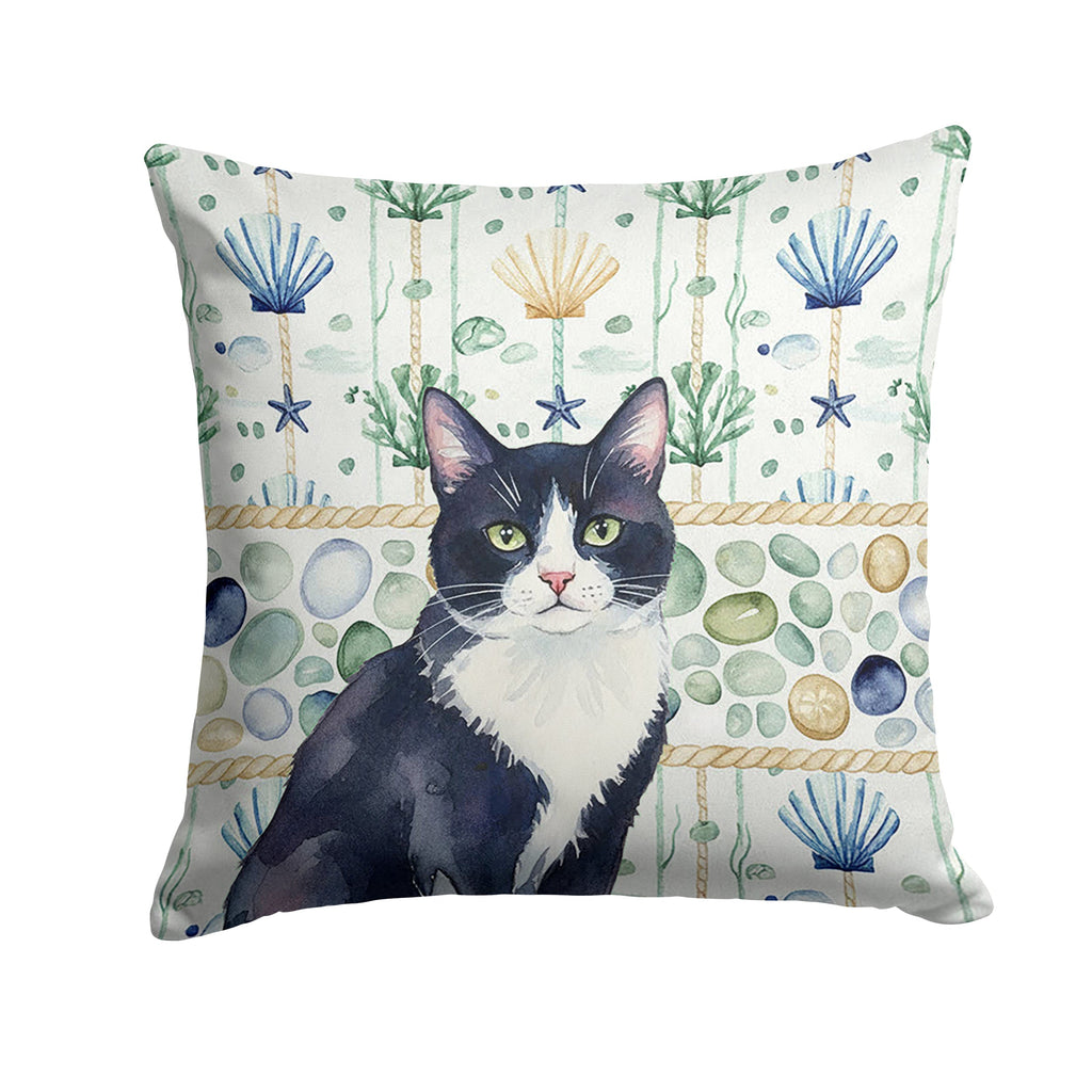 Black and White Tuxedo Cat Coastal Sea Glass Decorative Throw Pillow 18x18 Indoor Outdoor Accent Cushion, Fabric Cover with Insert for Sofa, Bed, Porch & Living Room