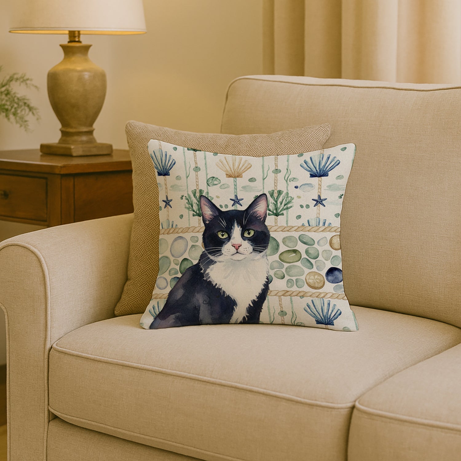 Black and White Tuxedo Cat Coastal Sea Glass Decorative Throw Pillow 18x18 Indoor Outdoor Accent Cushion, Fabric Cover with Insert for Sofa, Bed, Porch & Living Room