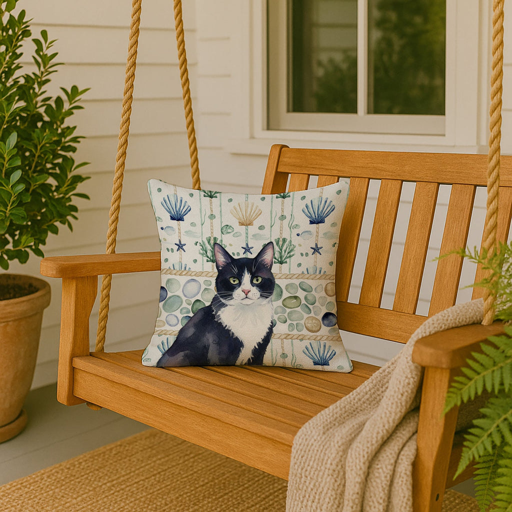 Black and White Tuxedo Cat Coastal Sea Glass Decorative Throw Pillow 18x18 Indoor Outdoor Accent Cushion, Fabric Cover with Insert for Sofa, Bed, Porch & Living Room