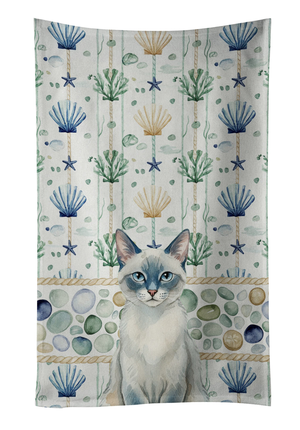 Blue Point Cat Coastal Sea Glass Kitchen Towel Velour Plush Front and Cotton Loop Back Machine Washable