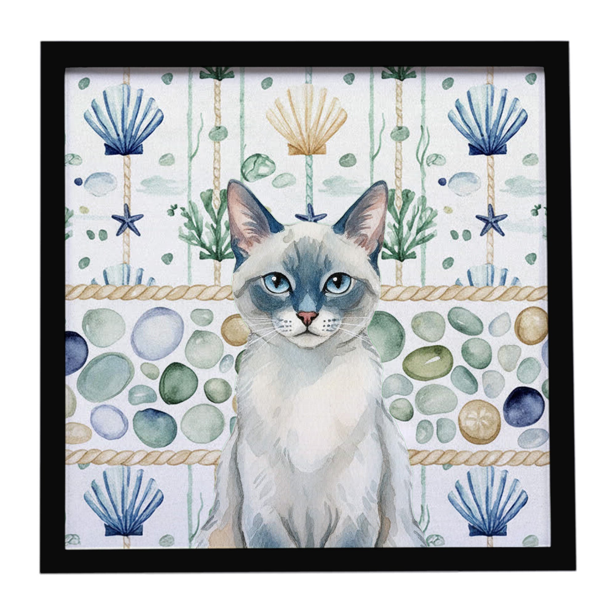 Blue Point Cat Coastal Sea Glass Framed Metal Print Bathroom, Kitchen, Office, Home Decor Wall Art Ready to Hang, Square, 8X8