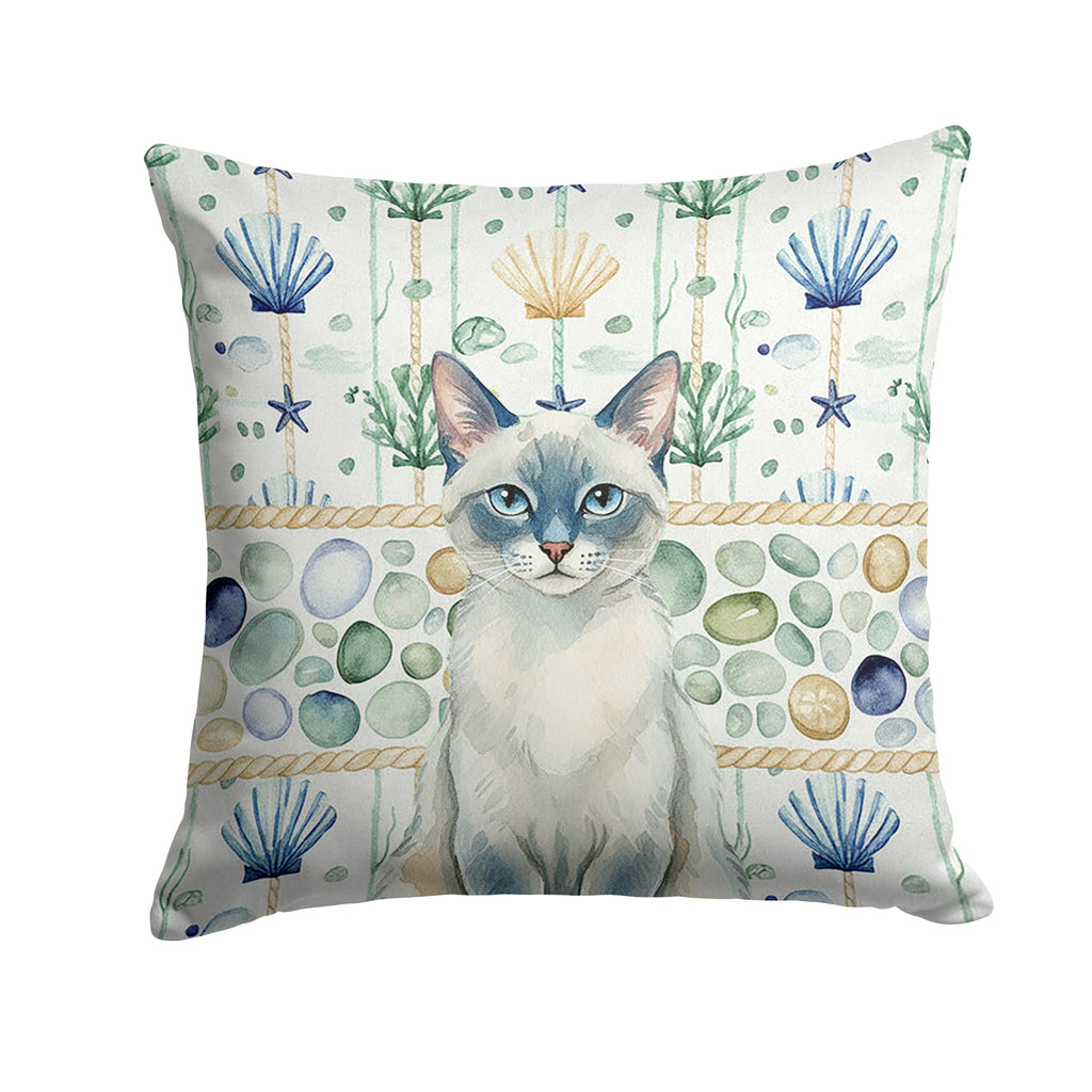Blue Point Cat Coastal Sea Glass Decorative Throw Pillow 14x14 Indoor Outdoor Accent Cushion, Fabric Cover with Insert for Sofa, Bed, Porch & Living Room