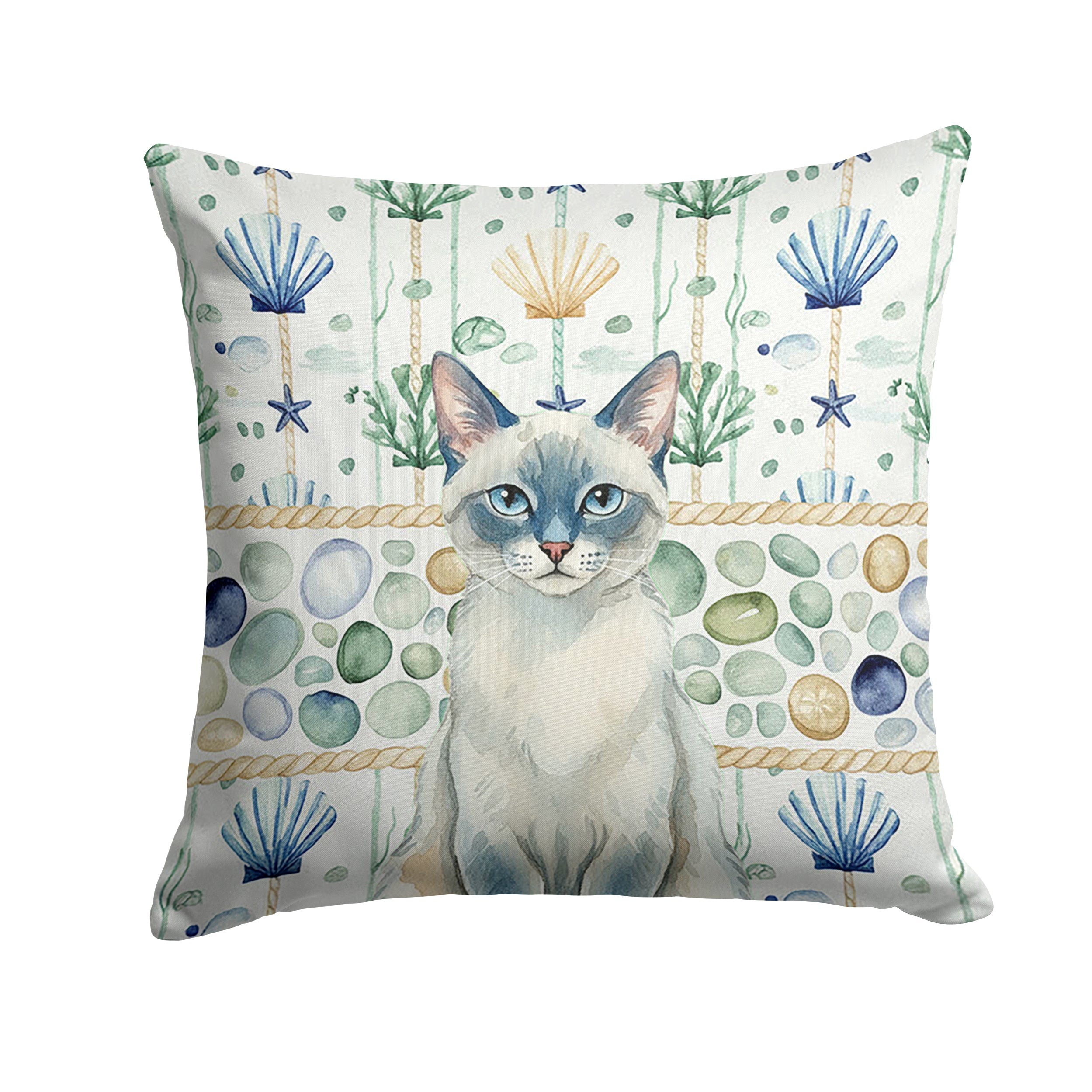 Blue Point Cat Coastal Sea Glass Decorative Throw Pillow 18x18 Indoor Outdoor Accent Cushion, Fabric Cover with Insert for Sofa, Bed, Porch & Living Room