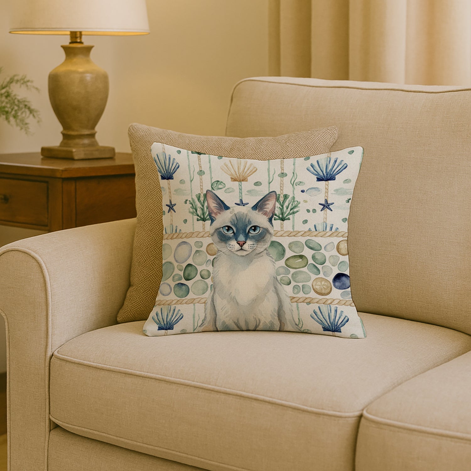 Blue Point Cat Coastal Sea Glass Decorative Throw Pillow 18x18 Indoor Outdoor Accent Cushion, Fabric Cover with Insert for Sofa, Bed, Porch & Living Room