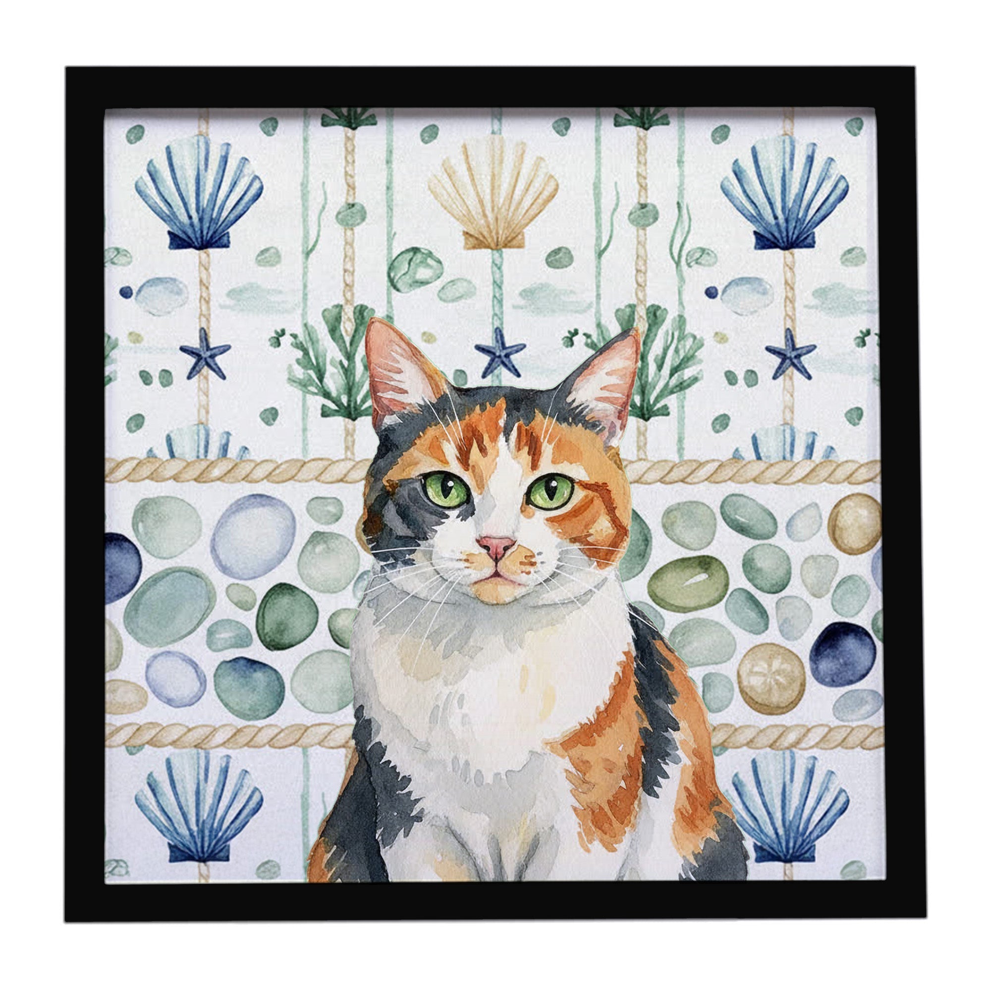 Calico Cat Coastal Sea Glass Framed Metal Print Bathroom, Kitchen, Office, Home Decor Wall Art Ready to Hang, Square, 8X8