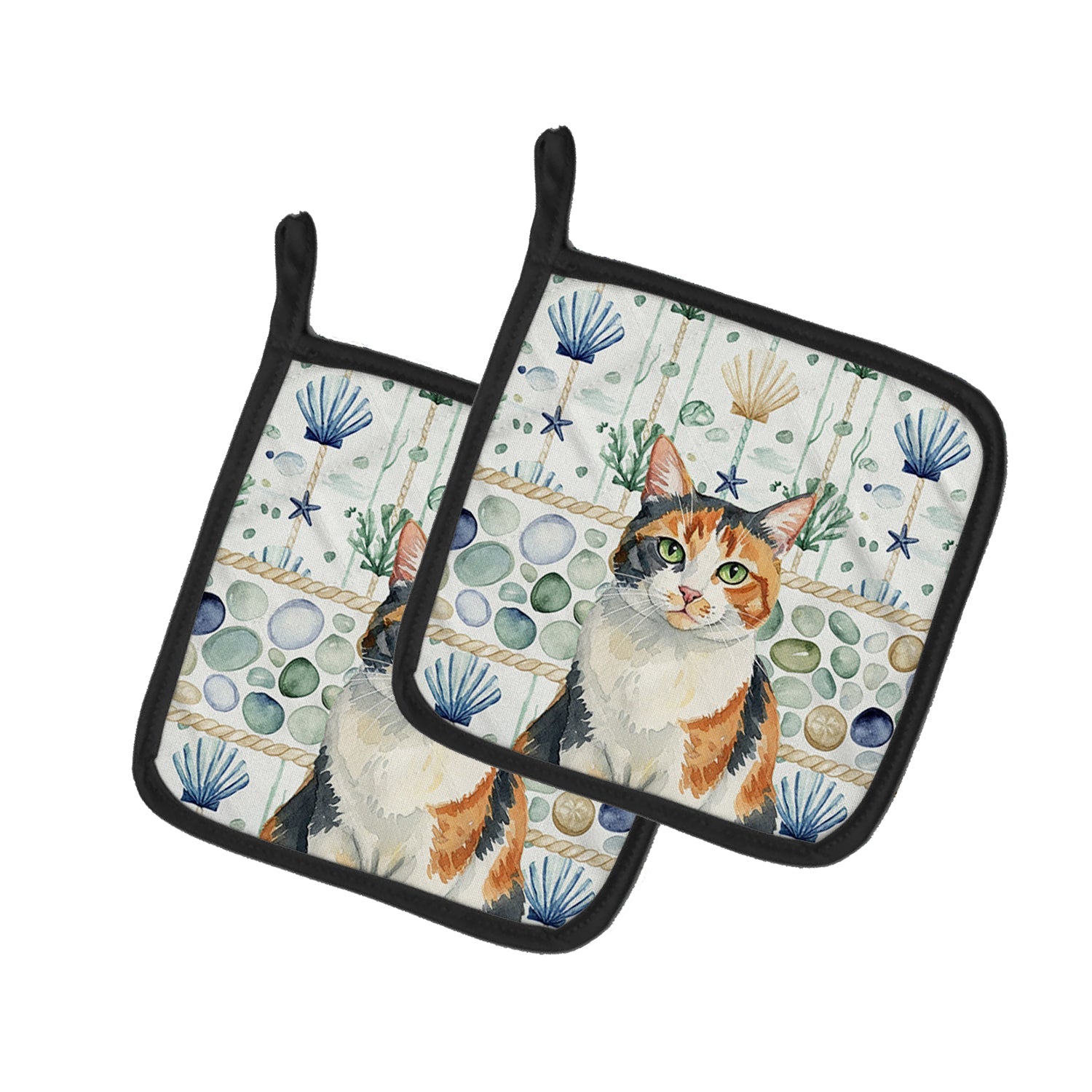 Calico Cat Coastal Sea Glass Pot Holder Set of 2 Heat Resistant Quilted Hot Pads 7.5 x 7.5 Inch, Insulated Kitchen Trivets for Cooking & Baking