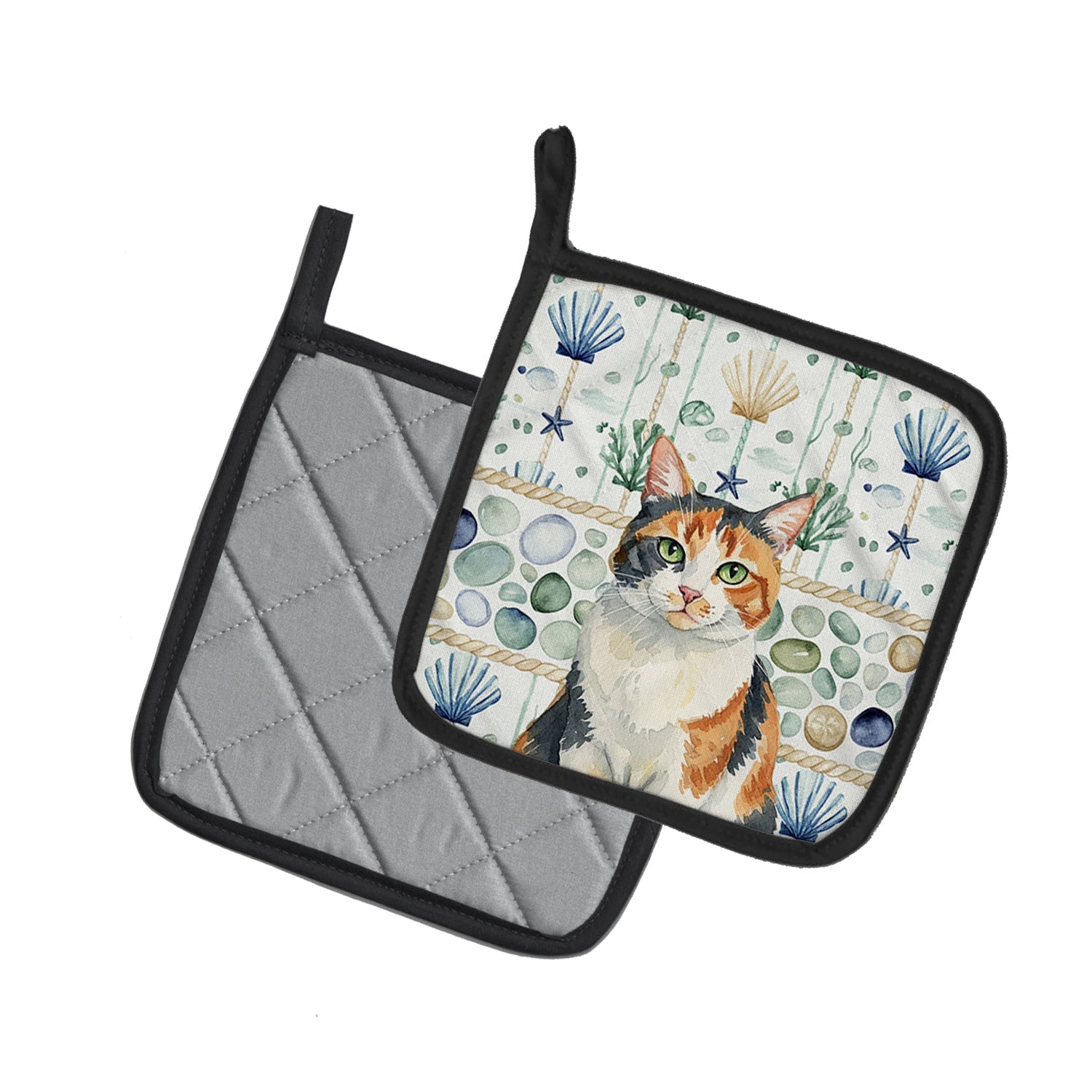 Calico Cat Coastal Sea Glass Pot Holder Set of 2 Heat Resistant Quilted Hot Pads 7.5 x 7.5 Inch, Insulated Kitchen Trivets for Cooking & Baking