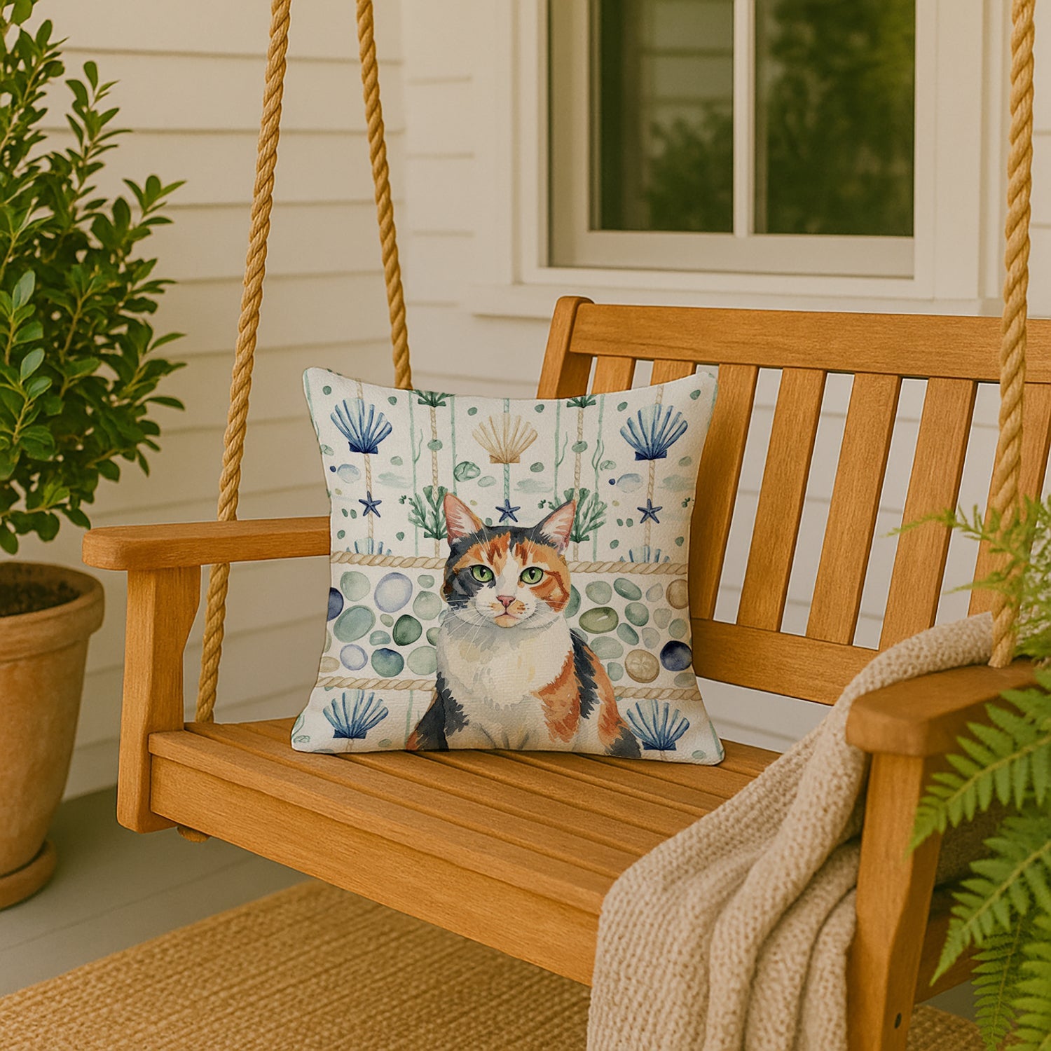 Calico Cat Coastal Sea Glass Decorative Throw Pillow 18x18 Indoor Outdoor Accent Cushion, Fabric Cover with Insert for Sofa, Bed, Porch & Living Room