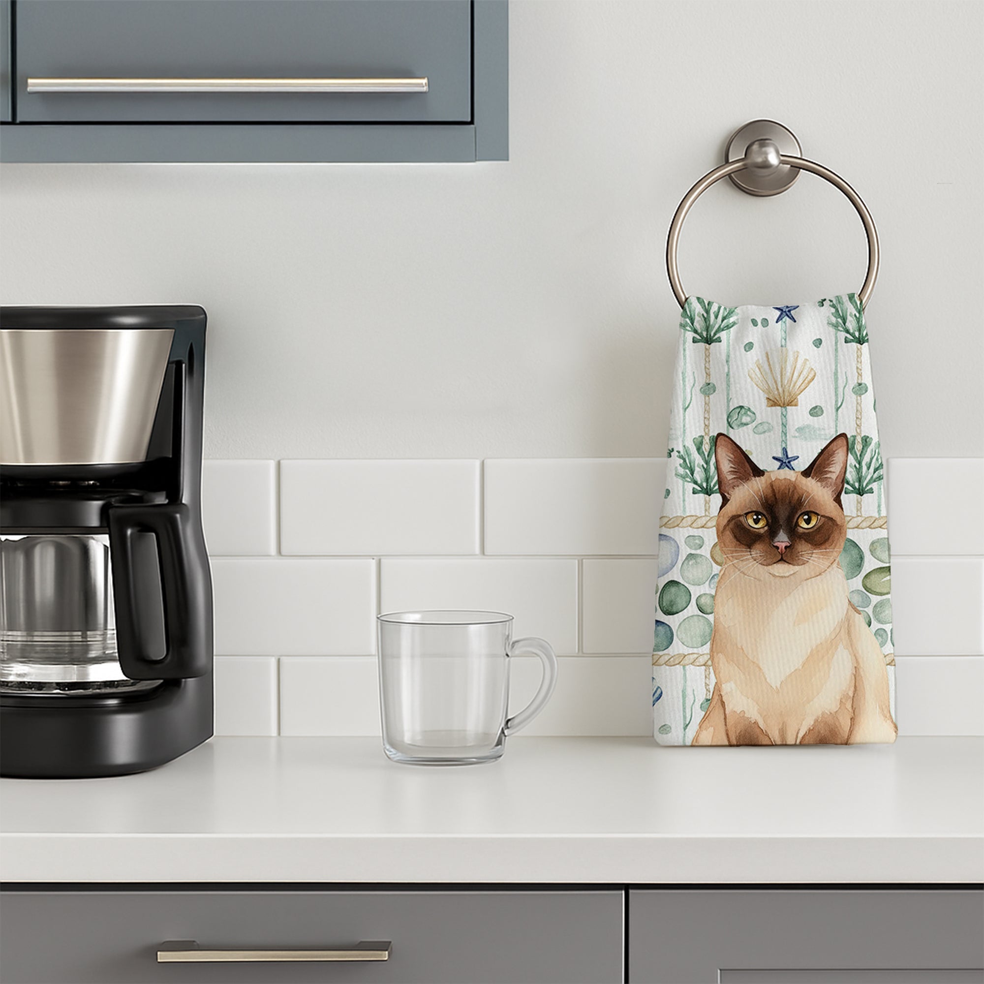 Chocolate Point Cat Coastal Sea Glass Kitchen Towel Velour Plush Front and Cotton Loop Back Machine Washable