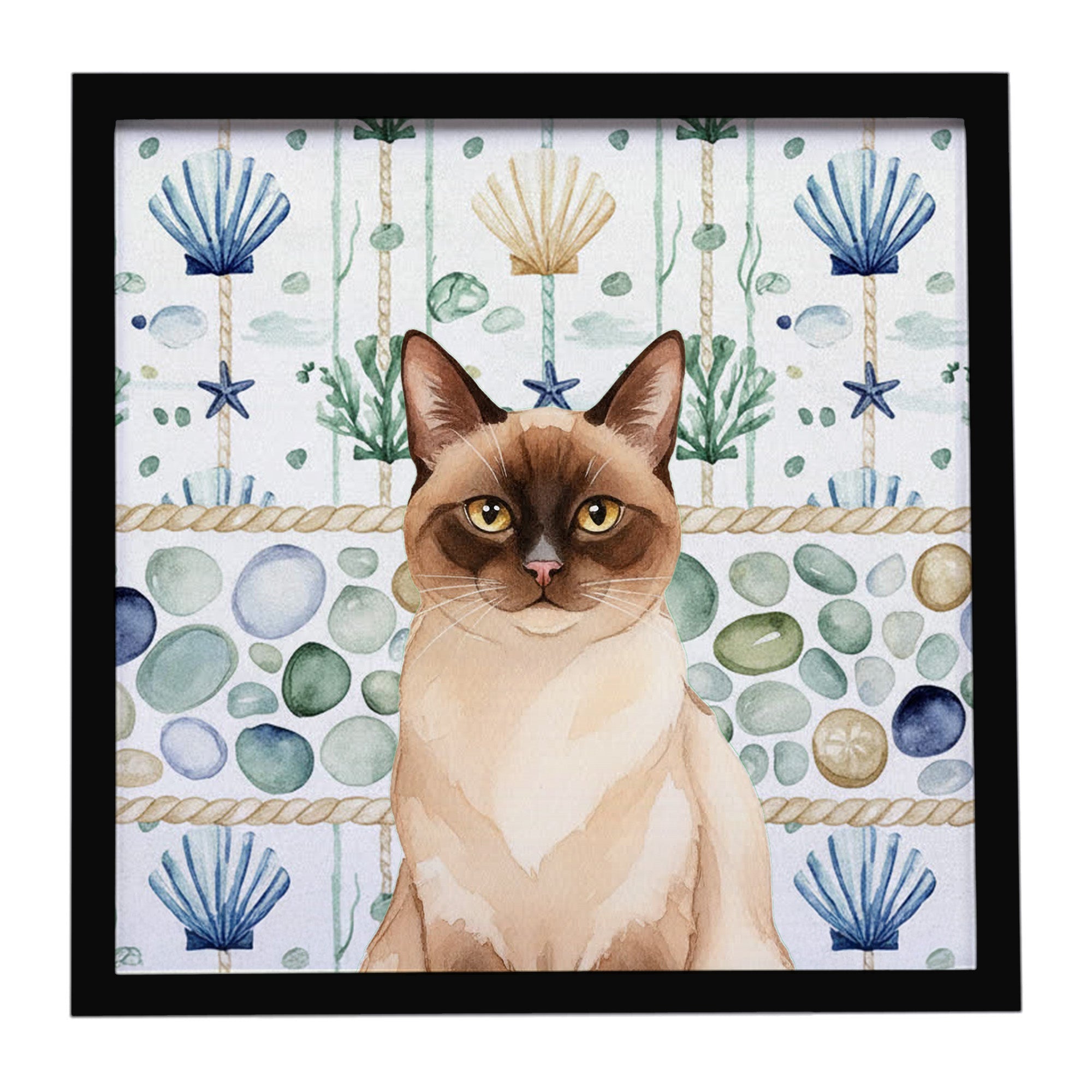 Chocolate Point Cat Coastal Sea Glass Framed Metal Print Bathroom, Kitchen, Office, Home Decor Wall Art Ready to Hang, Square, 8X8