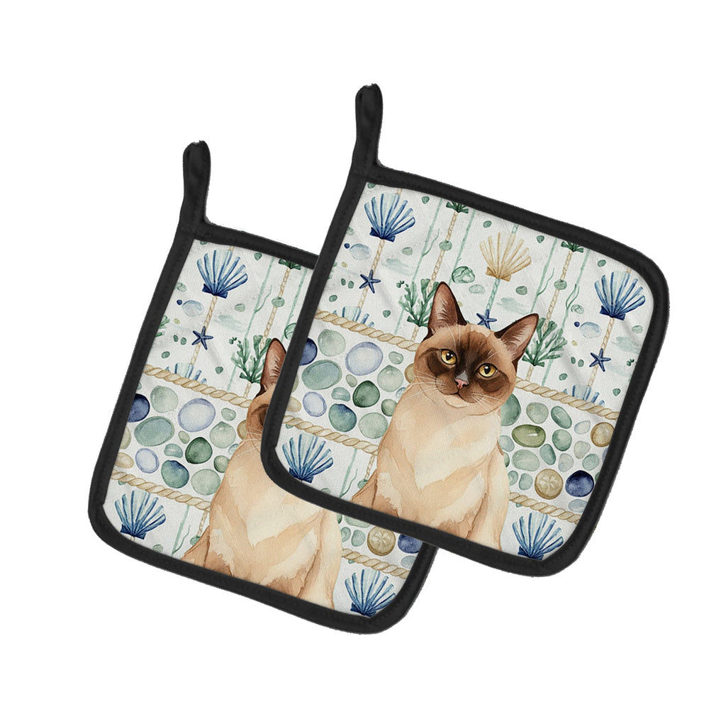 Chocolate Point Cat Coastal Sea Glass Pot Holder Set of 2 Heat Resistant Quilted Hot Pads 7.5 x 7.5 Inch, Insulated Kitchen Trivets for Cooking & Baking