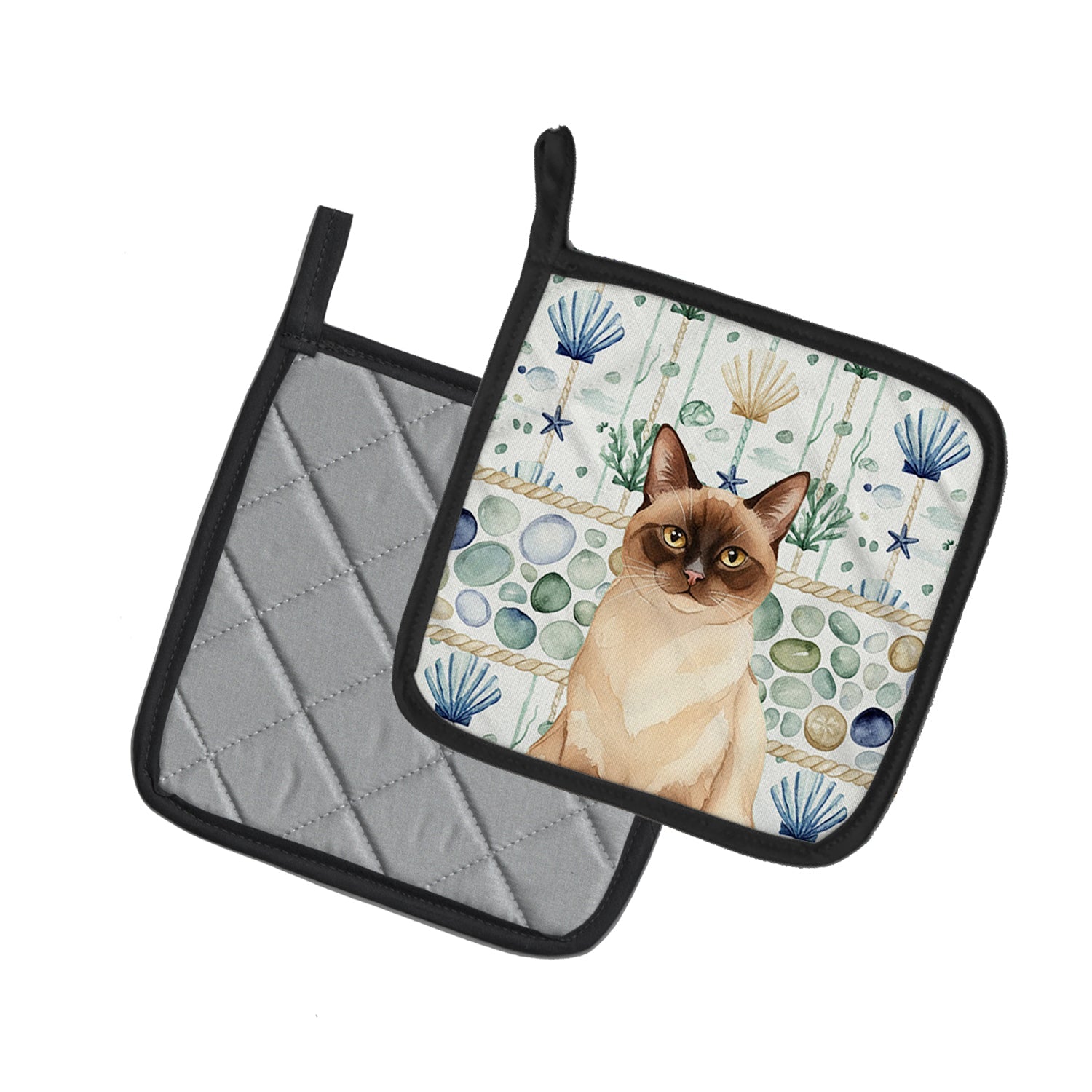 Chocolate Point Cat Coastal Sea Glass Pot Holder Set of 2 Heat Resistant Quilted Hot Pads 7.5 x 7.5 Inch, Insulated Kitchen Trivets for Cooking & Baking