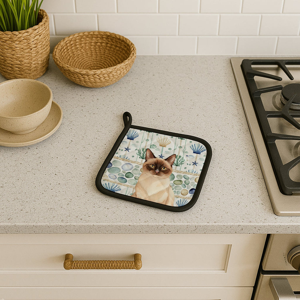 Chocolate Point Cat Coastal Sea Glass Pot Holder Set of 2 Heat Resistant Quilted Hot Pads 7.5 x 7.5 Inch, Insulated Kitchen Trivets for Cooking & Baking