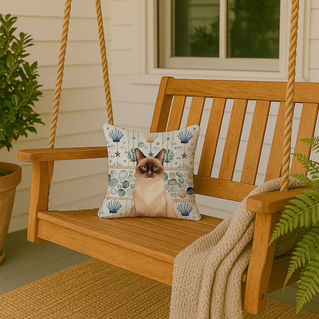 Chocolate Point Cat Coastal Sea Glass Decorative Throw Pillow 14x14 Indoor Outdoor Accent Cushion, Fabric Cover with Insert for Sofa, Bed, Porch & Living Room