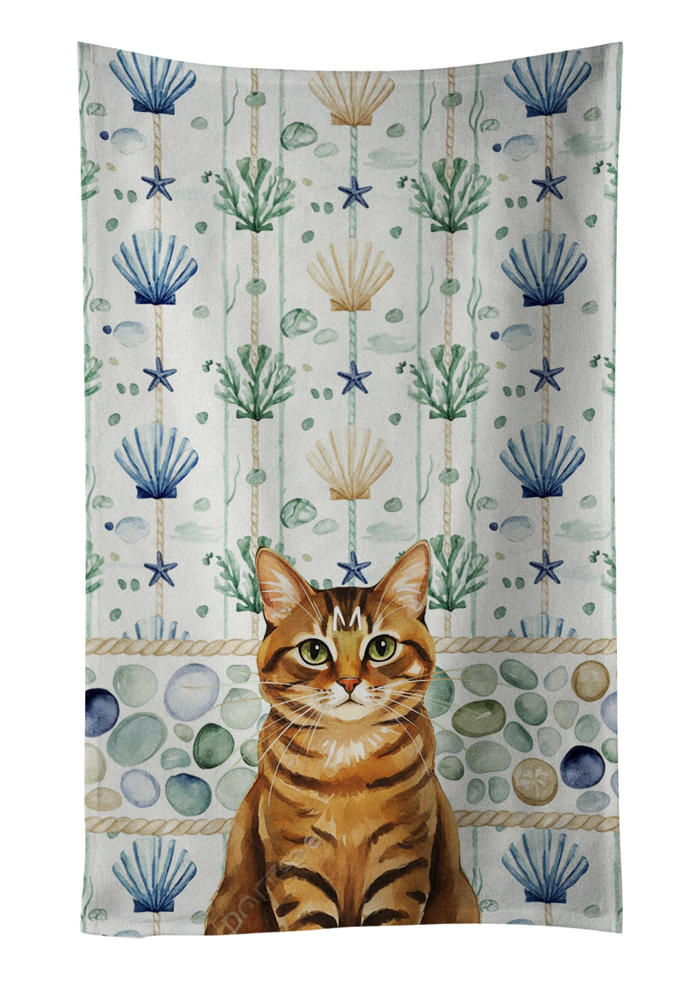 Classic Tabby Brown Cat Coastal Sea Glass Kitchen Towel Velour Plush Front and Cotton Loop Back Machine Washable