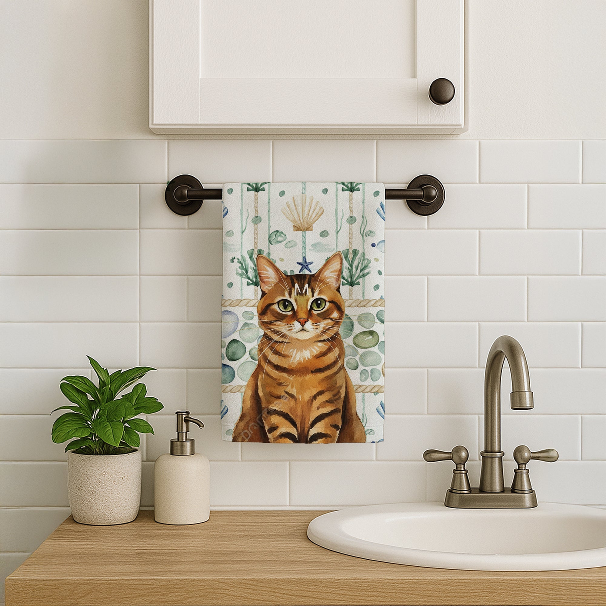 Classic Tabby Brown Cat Coastal Sea Glass Kitchen Towel Velour Plush Front and Cotton Loop Back Machine Washable
