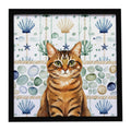 Classic Tabby Brown Cat Coastal Sea Glass Framed Metal Print Bathroom, Kitchen, Office, Home Decor Wall Art Ready to Hang, Square, 8X8