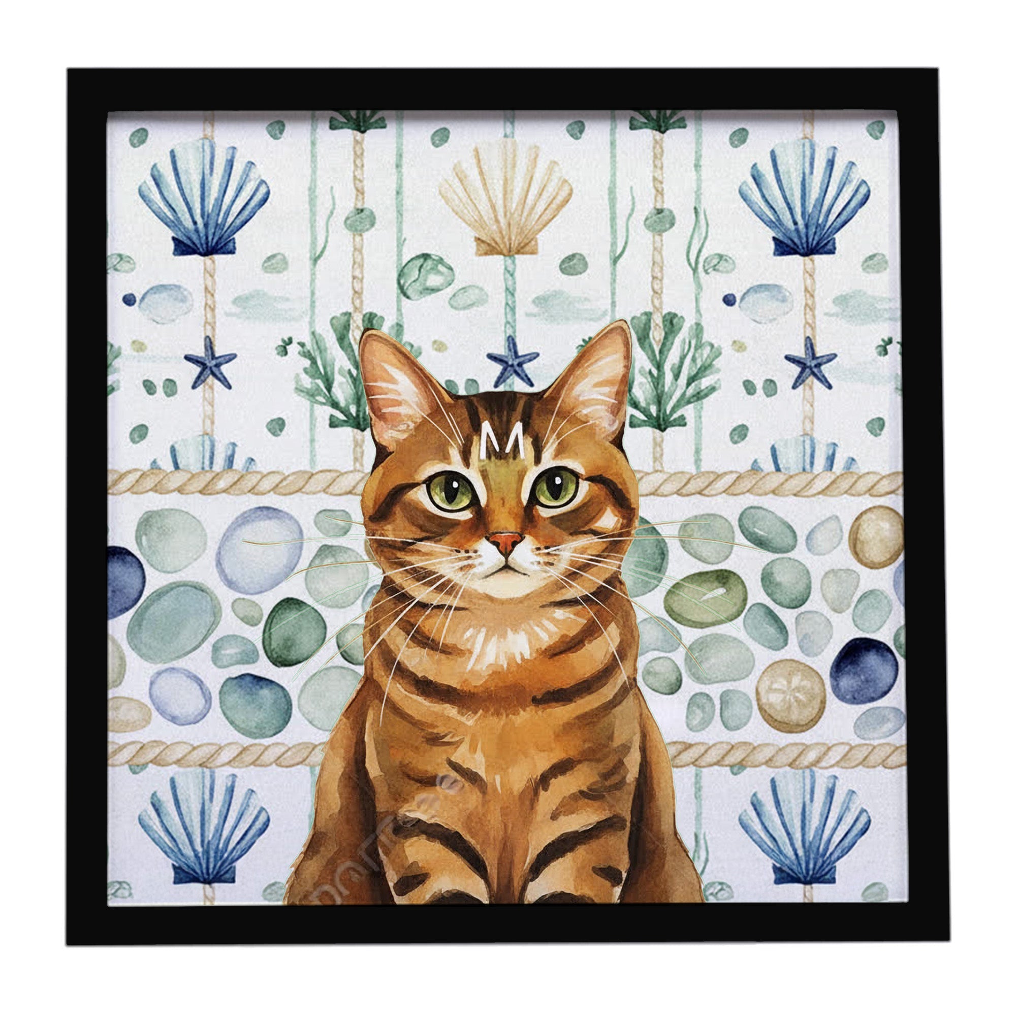 Classic Tabby Brown Cat Coastal Sea Glass Framed Metal Print Bathroom, Kitchen, Office, Home Decor Wall Art Ready to Hang, Square, 8X8