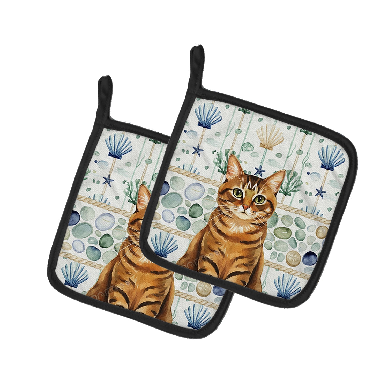 Classic Tabby Brown Cat Coastal Sea Glass Pot Holder Set of 2 Heat Resistant Quilted Hot Pads 7.5 x 7.5 Inch, Insulated Kitchen Trivets for Cooking & Baking