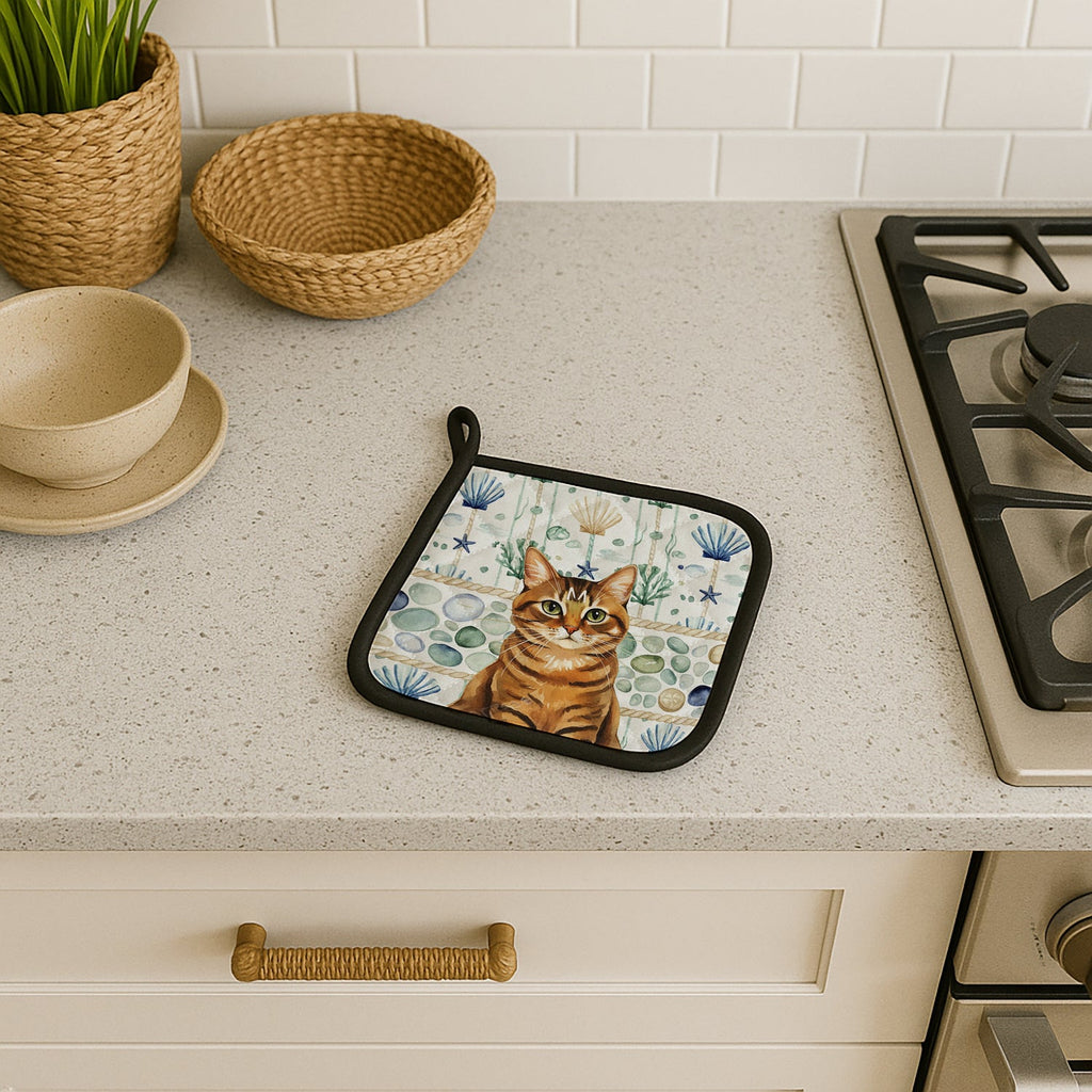 Classic Tabby Brown Cat Coastal Sea Glass Pot Holder Set of 2 Heat Resistant Quilted Hot Pads 7.5 x 7.5 Inch, Insulated Kitchen Trivets for Cooking & Baking