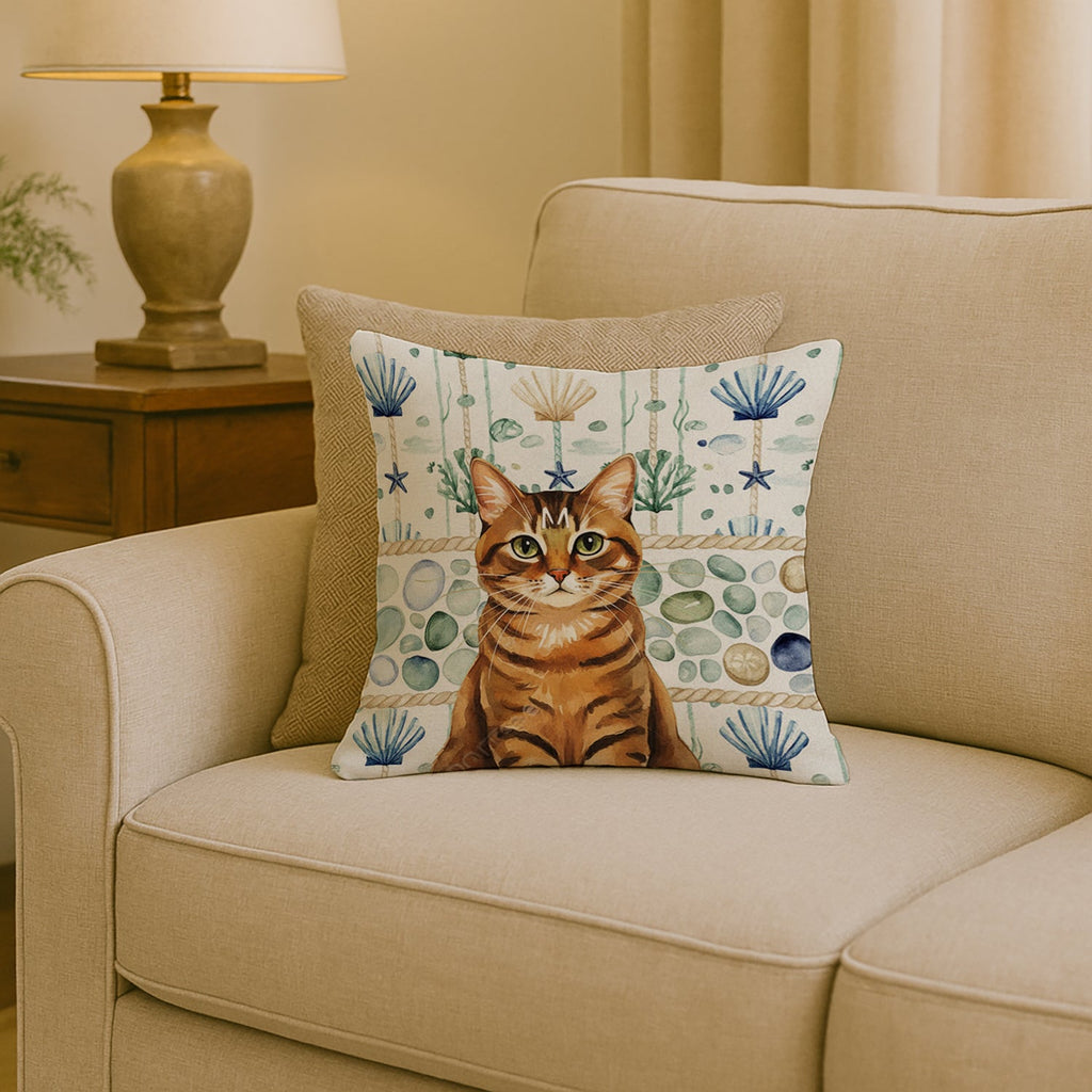 Classic Tabby Brown Cat Coastal Sea Glass Decorative Throw Pillow 18x18 Indoor Outdoor Accent Cushion, Fabric Cover with Insert for Sofa, Bed, Porch & Living Room
