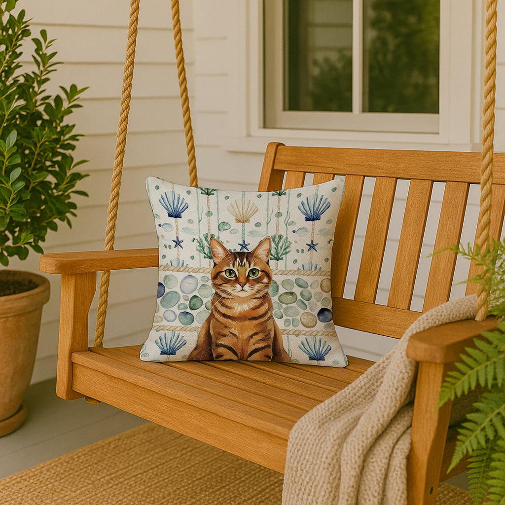 Classic Tabby Brown Cat Coastal Sea Glass Decorative Throw Pillow 18x18 Indoor Outdoor Accent Cushion, Fabric Cover with Insert for Sofa, Bed, Porch & Living Room