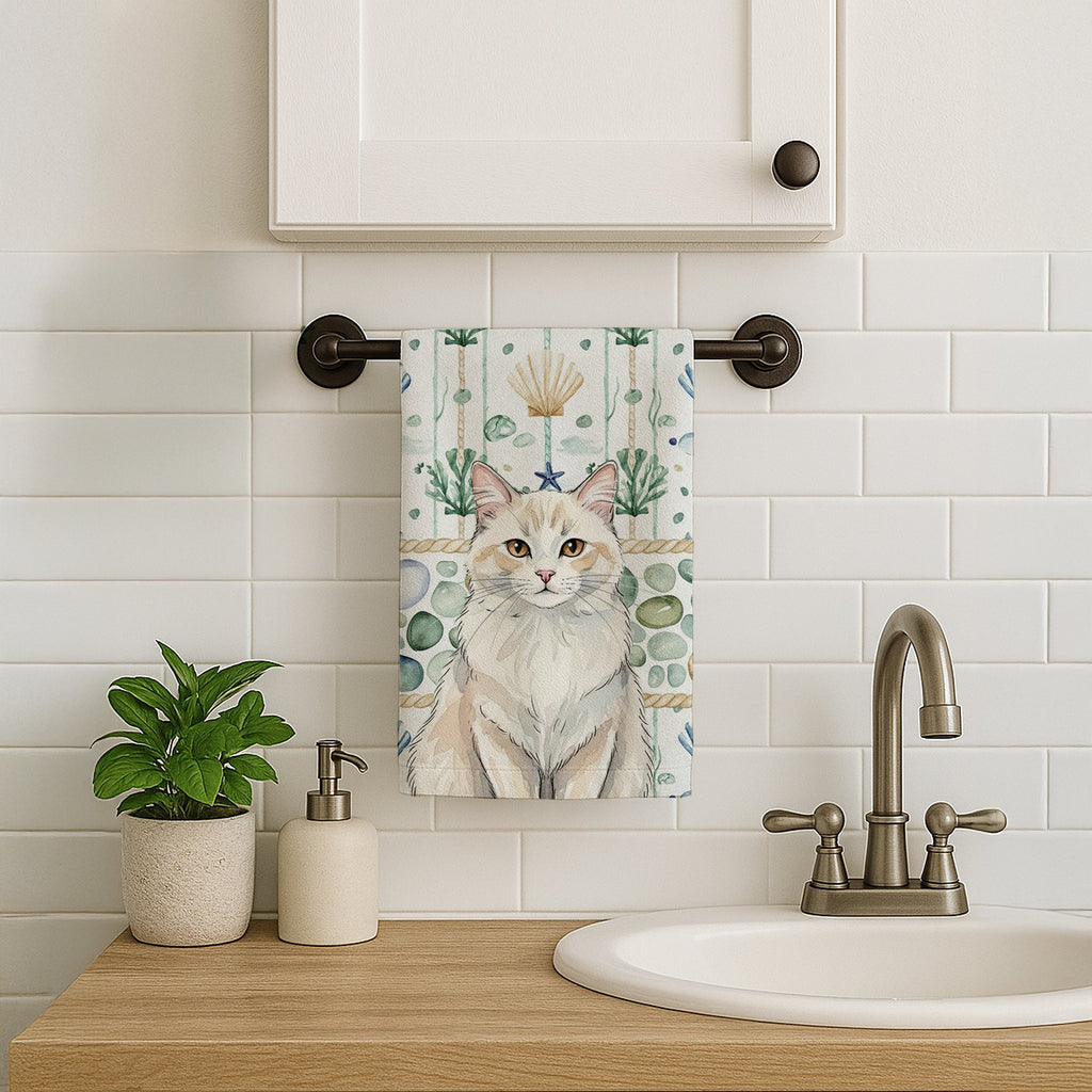 Cream and White Cat Coastal Sea Glass Kitchen Towel Velour Plush Front and Cotton Loop Back Machine Washable