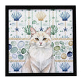 Cream and White Cat Coastal Sea Glass Framed Metal Print Bathroom, Kitchen, Office, Home Decor Wall Art Ready to Hang, Square, 8X8