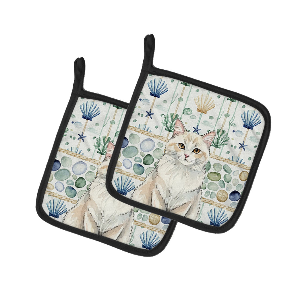 Cream and White Cat Coastal Sea Glass Pot Holder Set of 2 Heat Resistant Quilted Hot Pads 7.5 x 7.5 Inch, Insulated Kitchen Trivets for Cooking & Baking