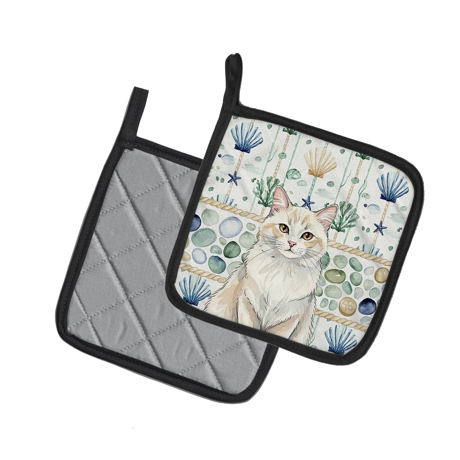 Cream and White Cat Coastal Sea Glass Pot Holder Set of 2 Heat Resistant Quilted Hot Pads 7.5 x 7.5 Inch, Insulated Kitchen Trivets for Cooking & Baking
