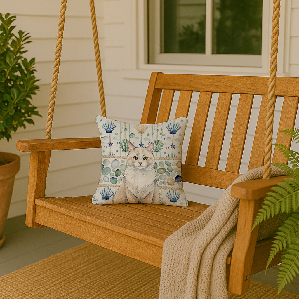 Cream and White Cat Coastal Sea Glass Decorative Throw Pillow 14x14 Indoor Outdoor Accent Cushion, Fabric Cover with Insert for Sofa, Bed, Porch & Living Room