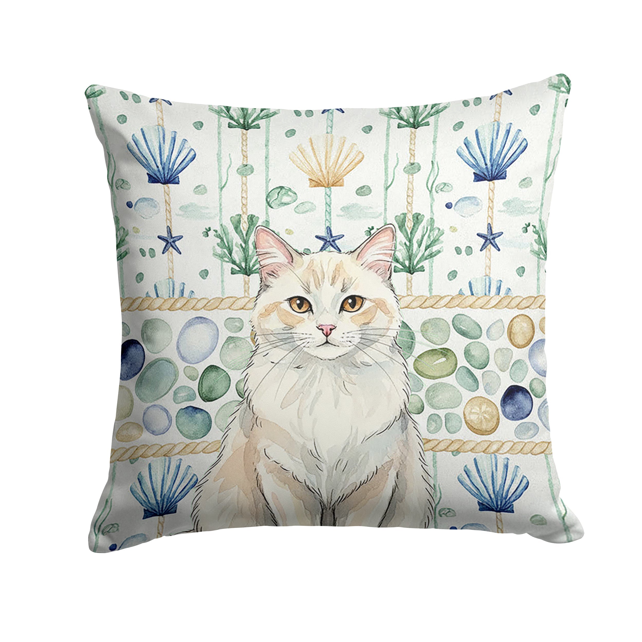 Cream and White Cat Coastal Sea Glass Decorative Throw Pillow 18x18 Indoor Outdoor Accent Cushion, Fabric Cover with Insert for Sofa, Bed, Porch & Living Room