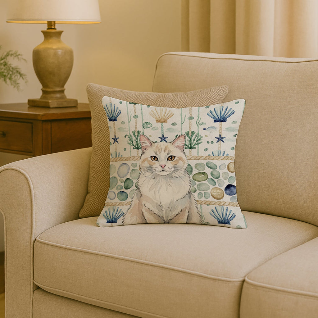 Cream and White Cat Coastal Sea Glass Decorative Throw Pillow 18x18 Indoor Outdoor Accent Cushion, Fabric Cover with Insert for Sofa, Bed, Porch & Living Room