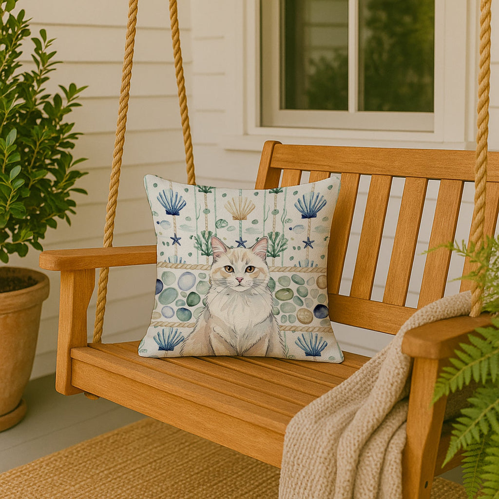 Cream and White Cat Coastal Sea Glass Decorative Throw Pillow 18x18 Indoor Outdoor Accent Cushion, Fabric Cover with Insert for Sofa, Bed, Porch & Living Room
