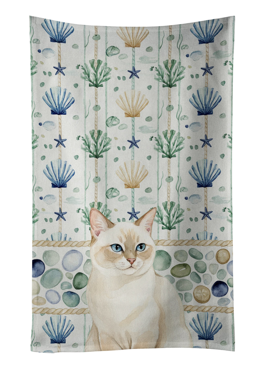 Cream Point Cat Coastal Sea Glass Kitchen Towel Velour Plush Front and Cotton Loop Back Machine Washable