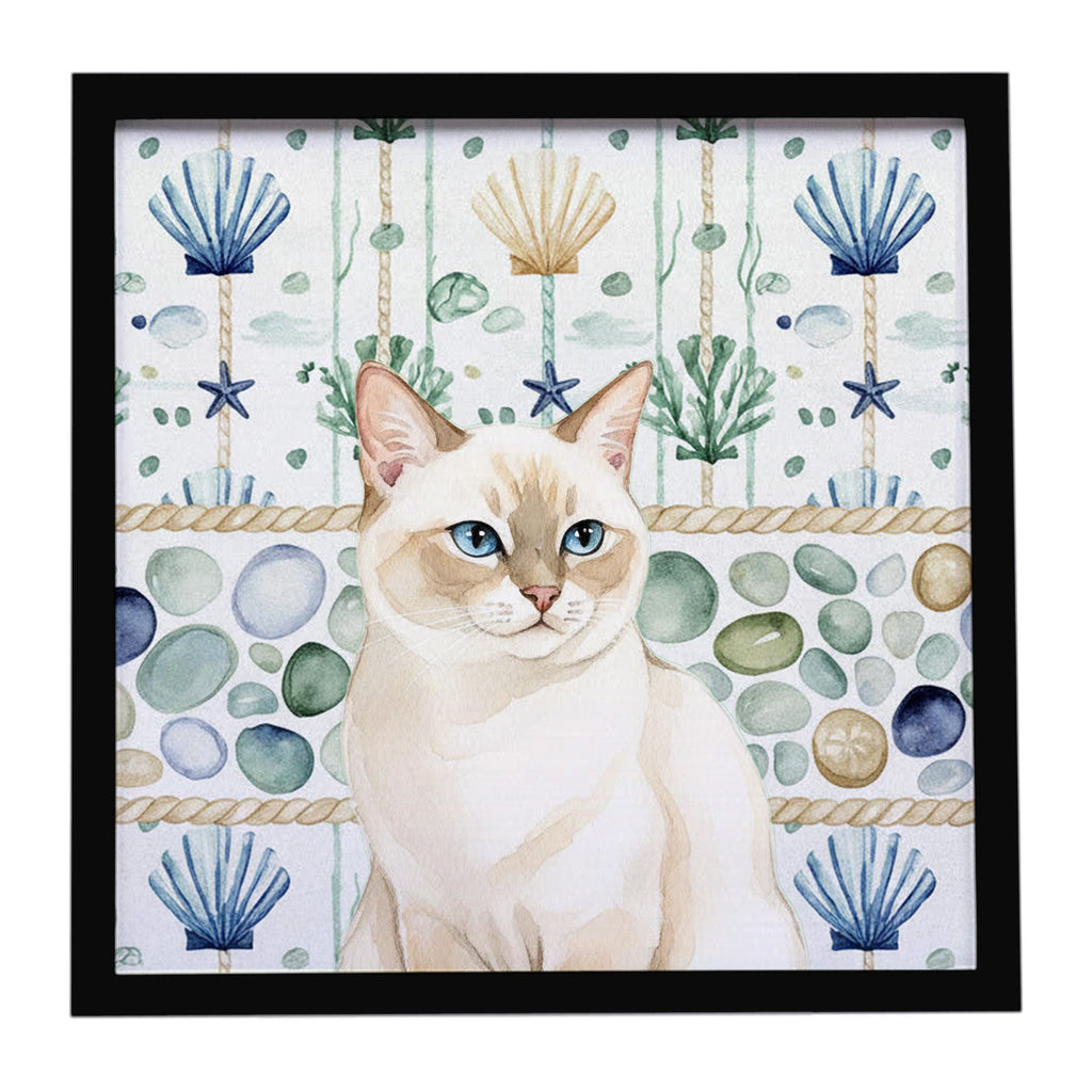 Cream Point Cat Coastal Sea Glass Framed Metal Print Bathroom, Kitchen, Office, Home Decor Wall Art Ready to Hang, Square, 8X8