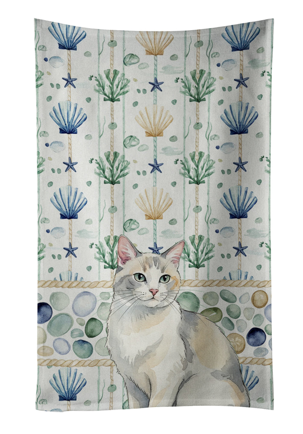 Dilute Calico Cat Coastal Sea Glass Kitchen Towel Velour Plush Front and Cotton Loop Back Machine Washable